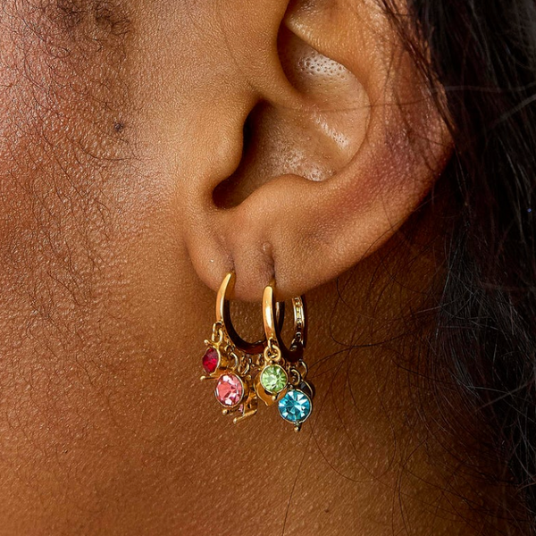 Bijoux De Mimi Iris Rainbow Gold Waterfall Huggie Earrings in ear