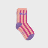 Striped socks with 'AMOUR' text on a light gray background
