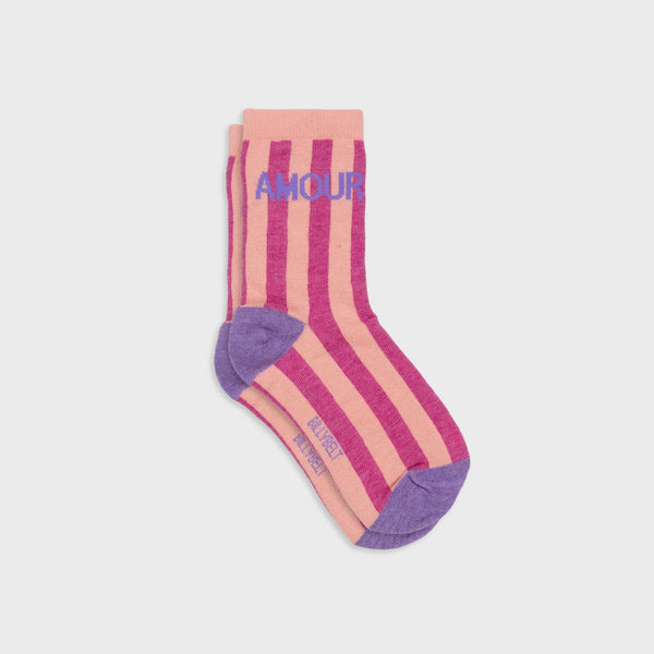 Striped socks with 'AMOUR' text on a light gray background
