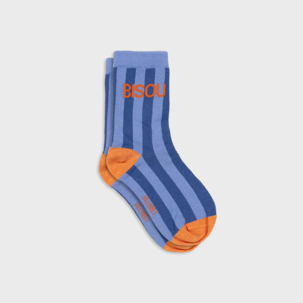 Blue and orange striped socks with 'Bisou' branding on a light gray background
