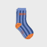 Blue and orange striped socks with 'Bisou' branding on a light gray background