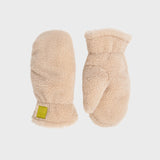 A pair of beige fleece mittens with a small yellow brand tag, displayed against a light gray background.