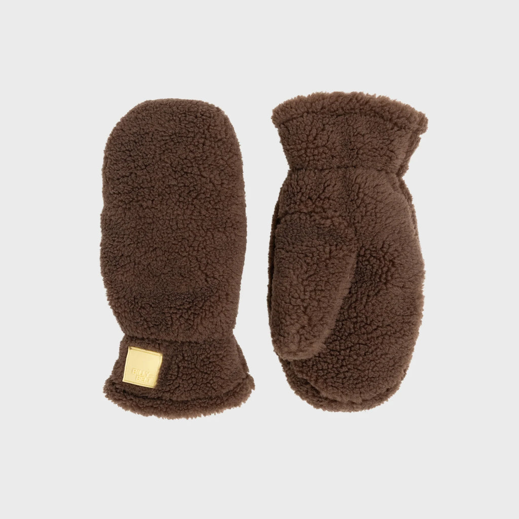 A pair of brown sherpa fleece mittens shown against a light gray background, with one mitten facing forward and the other turned sideways to show the back.