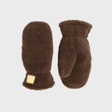 A pair of brown sherpa fleece mittens shown against a light gray background, with one mitten facing forward and the other turned sideways to show the back.