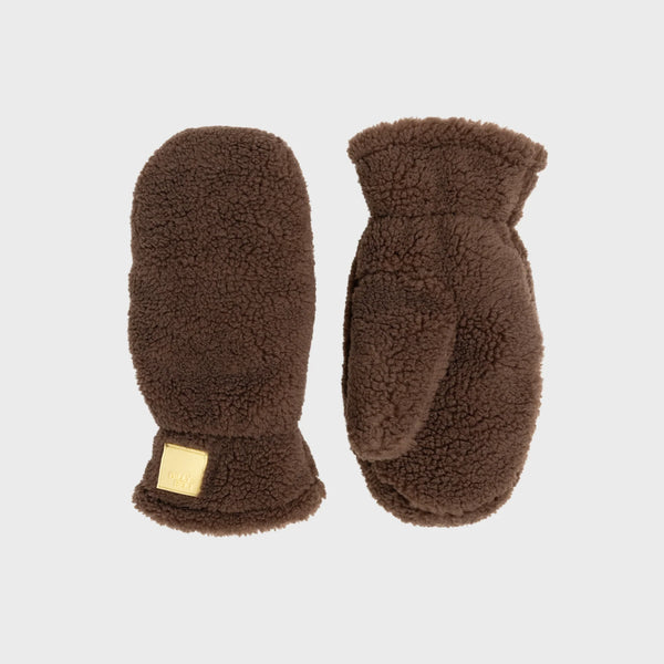 A pair of brown sherpa fleece mittens shown against a light gray background, with one mitten facing forward and the other turned sideways to show the back.