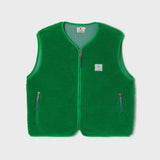 Green fleece vest with a brand logo on a light gray background