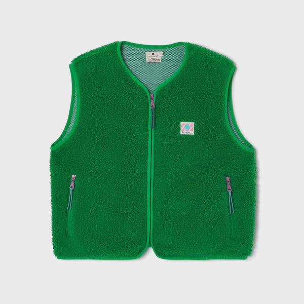 Green fleece vest with a brand logo on a light gray background