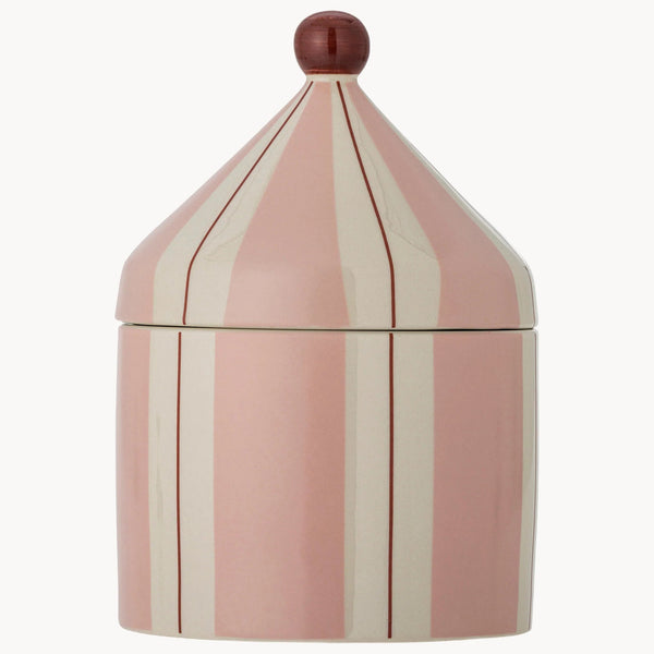 A pink and cream vertically striped ceramic lidded container with a small dark reddish-brown spherical finial on top, shown against a plain light gray background.