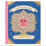 Book cover of 'The Book of Birthdays' with celestial design and pink accents on a blue background.