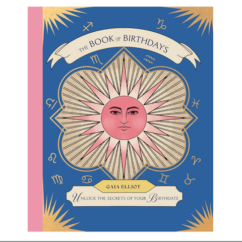 Book cover of 'The Book of Birthdays' with celestial design and pink accents on a blue background.