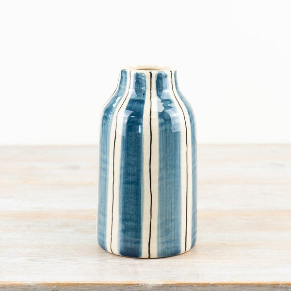 Blue and white striped ceramic vase