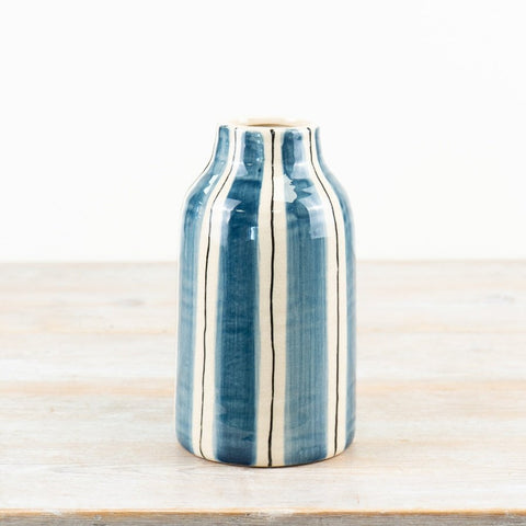 Blue and white striped ceramic vase