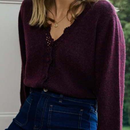 Burgundy Crochet Trim V-Neck Cardigan 