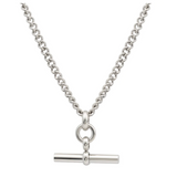 Silver necklace with a cylindrical pendant on a white background