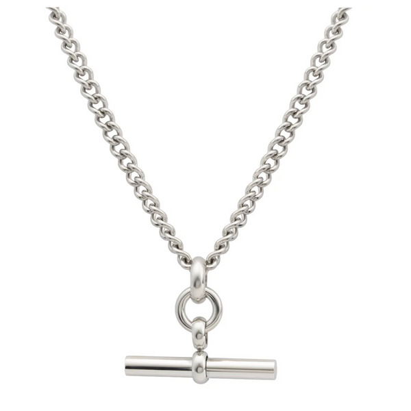 Silver necklace with a cylindrical pendant on a white background