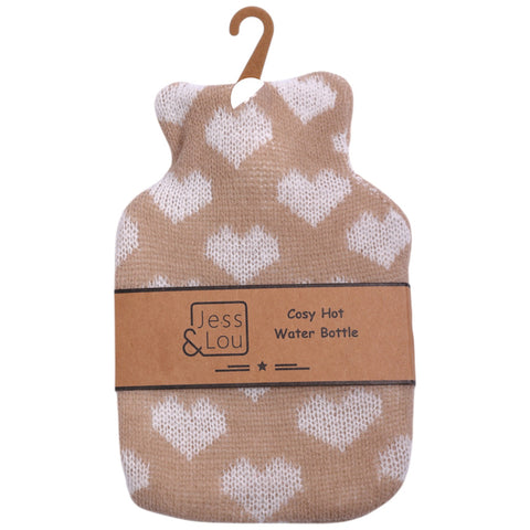 Taupe & White Hearts Mini Hot Water Bottle