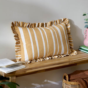 Carmon Stripe Ruffle Cushion Linen Ochre