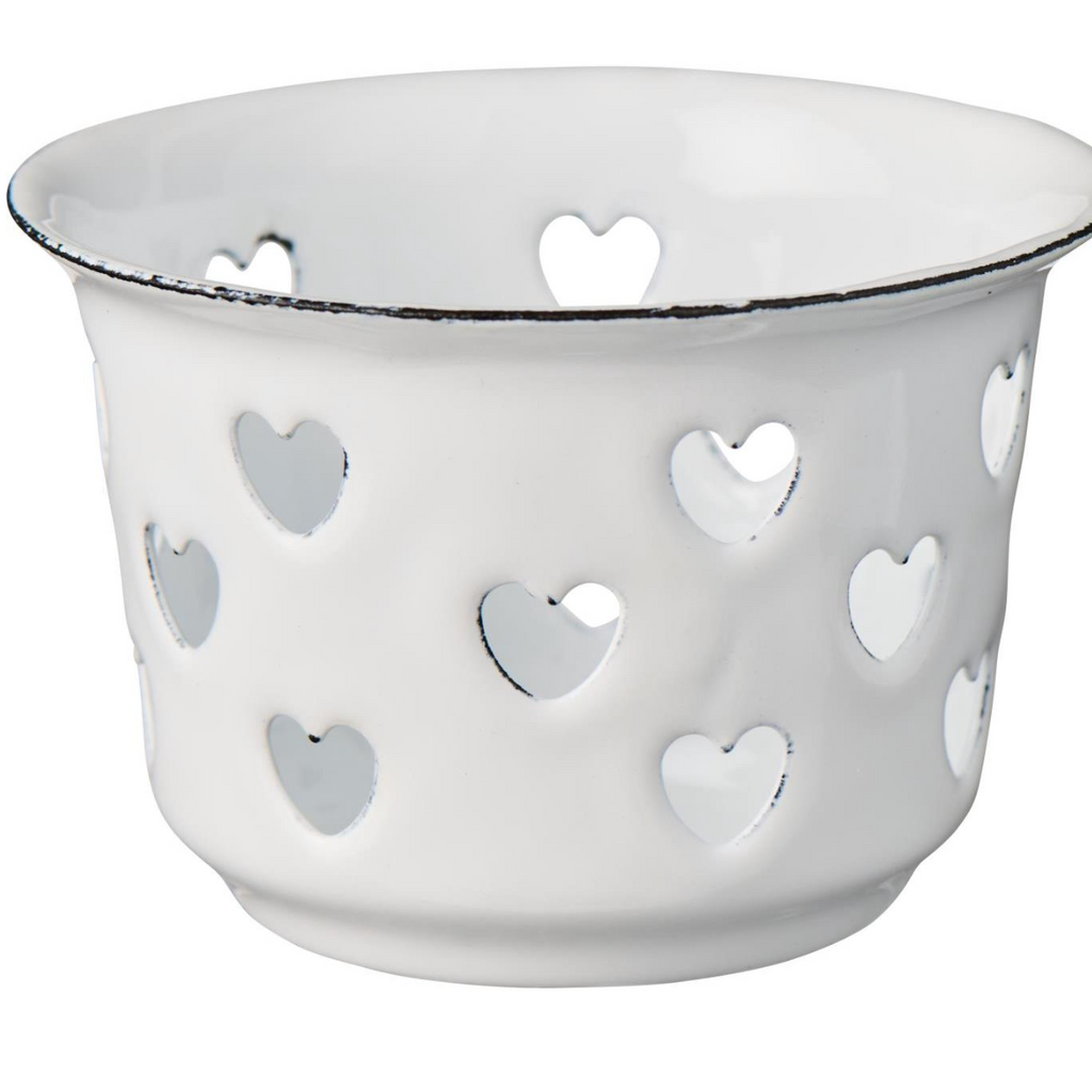 Candle holder f/tealight w/hearts enamel - White
