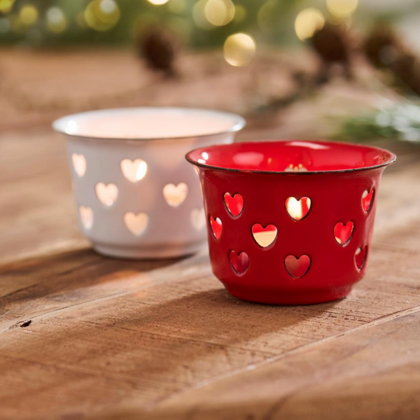 Candle holder for tealight w/hearts enamel - White