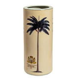 Umbrella stand with palm tree design and crest on a beige background