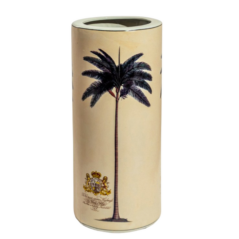 Umbrella stand with palm tree design and crest on a beige background