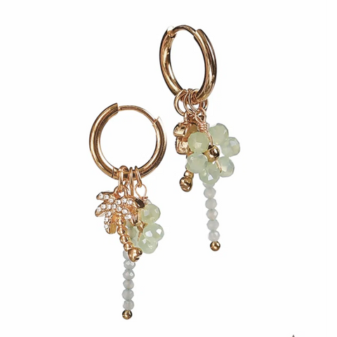 Gold hoop earrings with floral and bead details on a white background