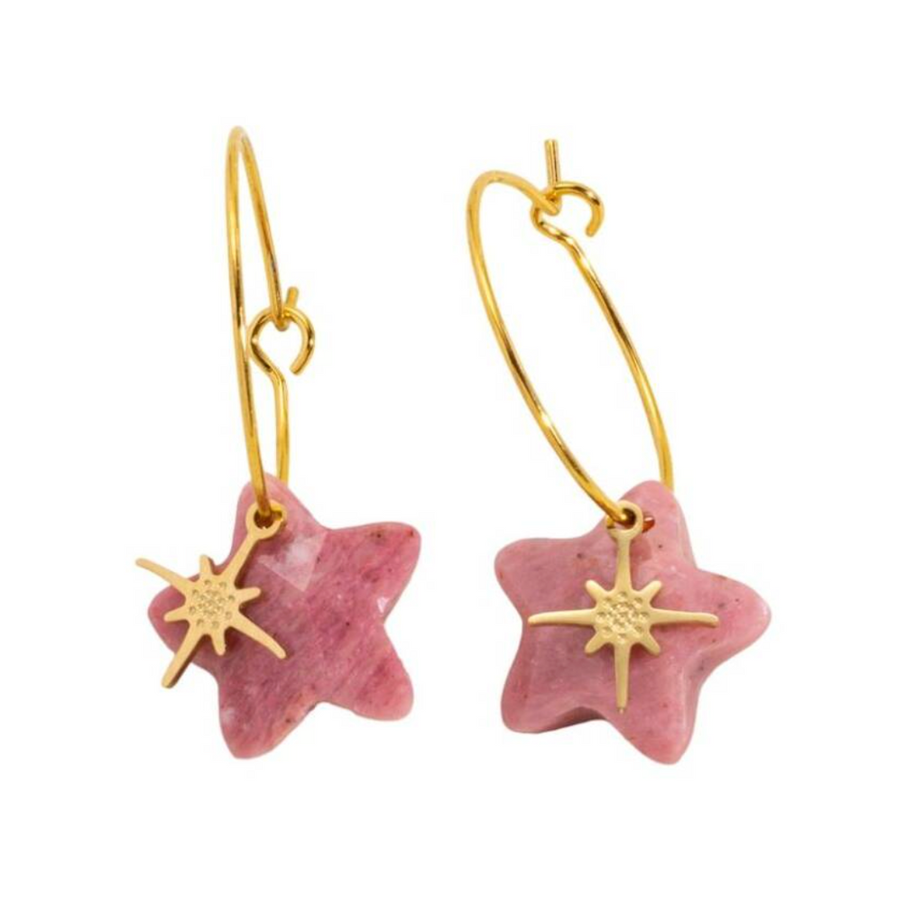 Chunky Natural Stone Star Pendant Hoop Pink and Gold