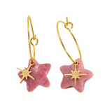 Chunky Natural Stone Star Pendant Hoop Pink and Gold