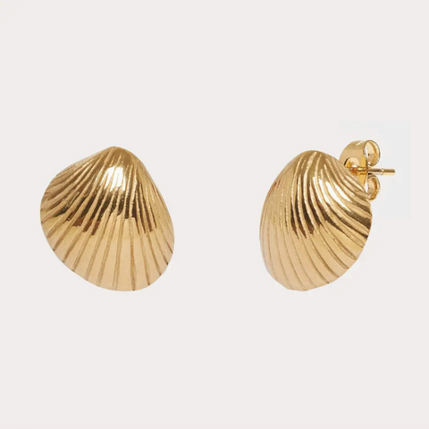 Gold shell-shaped earrings on a light gray background