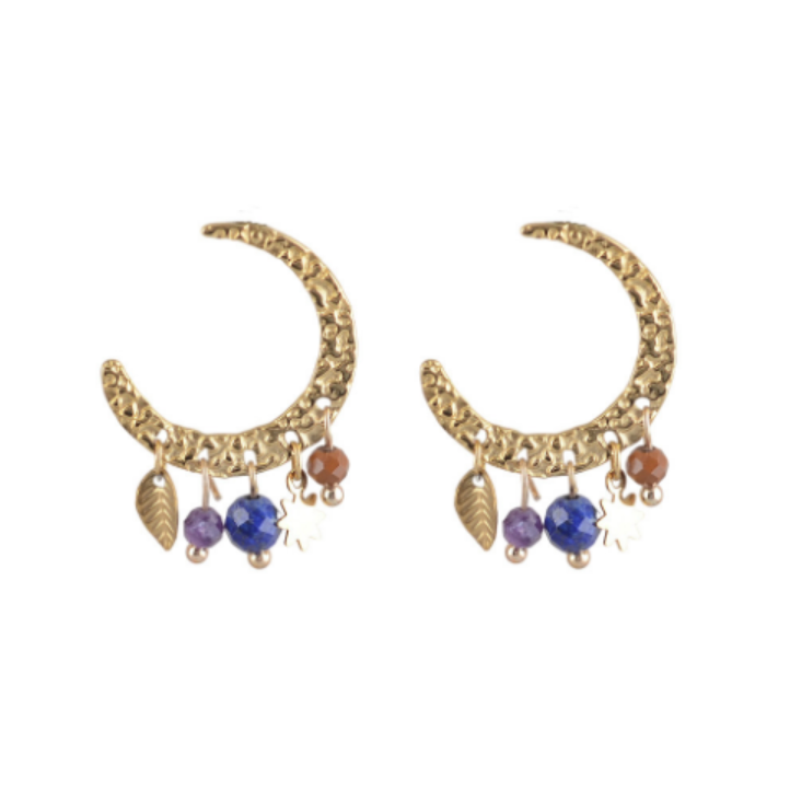 Consortium - Hammered Moon Earring with Natural Stone beads & Charms