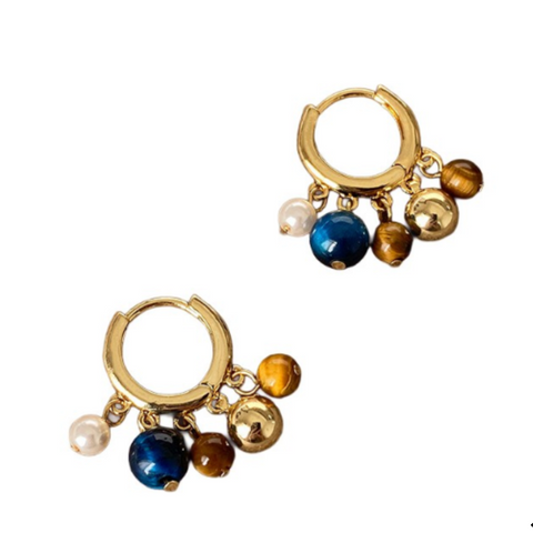 Consortium - Natural Stone and Ball Huggie, Blue, Brown, Gold