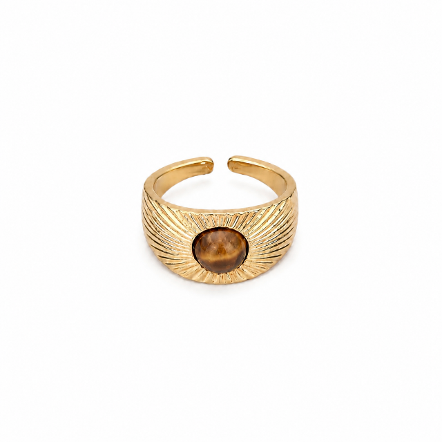 Consortium - Ridged flare natural stone ring in tigers eye & gold