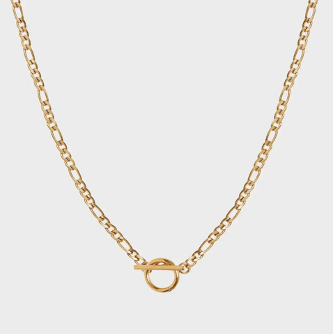 Gold chain necklace on a light gray background