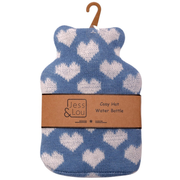 Blue hot water bottle with white heart pattern and 'Jess & Lou' label on a white background