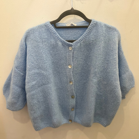 Cropped sleeve mohair cardigan powder blue