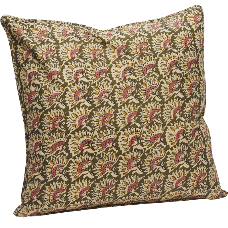 Cushion in Indian Block Print in olive, sand, old rose, mustard 