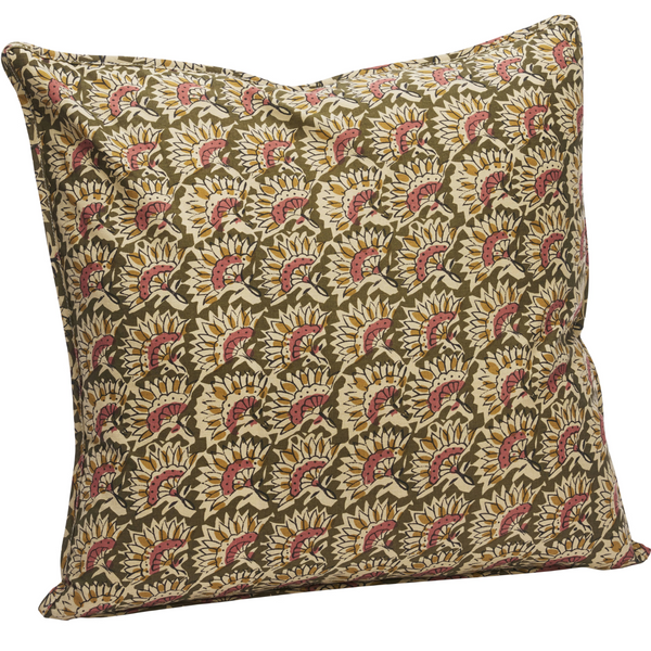 Cushion in Indian Block Print in olive, sand, old rose, mustard 
