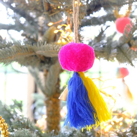 Bright 6cm Fuchsia Pompom 2 Tassels and Bells (Lime/Blue)