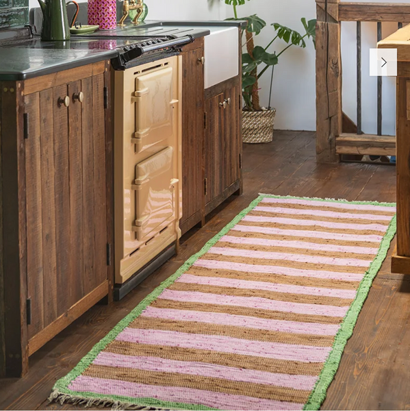 Daisy Snow Pink and Ochre Striped Recycled Runner Rug in kitchen
