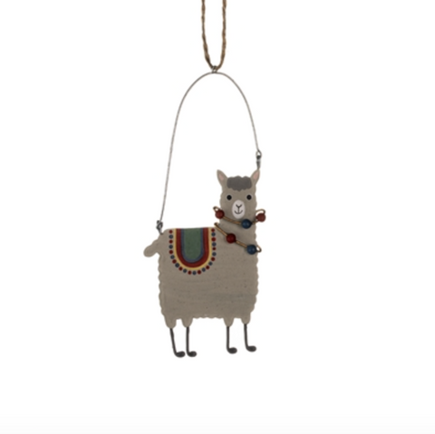 Decorative llama ornament with a colorful pattern on a white background
