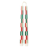 Pair of checkered candles with red, green, and white pattern on a white background
