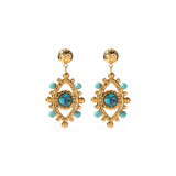 White Leaf Hammered Beaded Oval Earrings - Turquoise