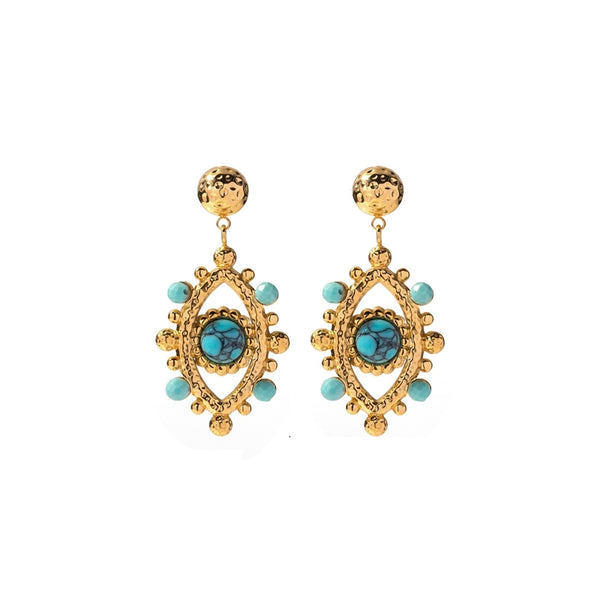 White Leaf Hammered Beaded Oval Earrings - Turquoise