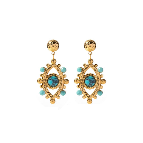 White Leaf Hammered Beaded Oval Earrings - Turquoise