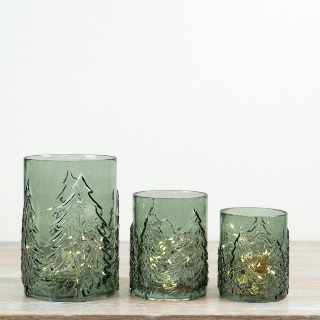 Embossed Green Glass Tree Candle Holder 