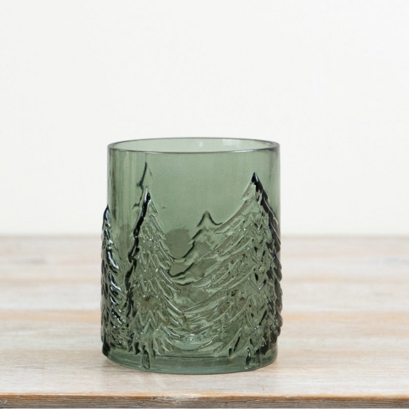 Embossed Green Glass Tree Candle Holder 13.5cm