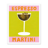 A square art print featuring a stylized espresso martini illustration. The design has a bright yellow-green center with a white-outlined martini glass filled with dark brown espresso and coffee beans, framed by pink bands at the top and bottom with the words 'ESPRESSO' and 'MARTINI' in orange.