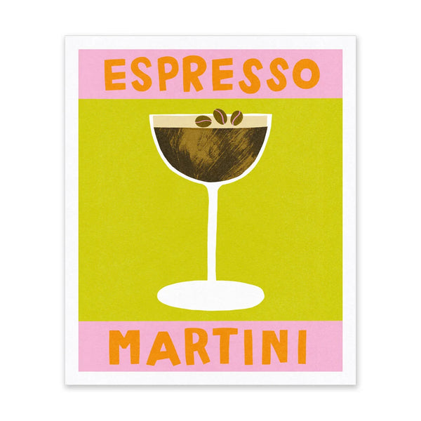 A square art print featuring a stylized espresso martini illustration. The design has a bright yellow-green center with a white-outlined martini glass filled with dark brown espresso and coffee beans, framed by pink bands at the top and bottom with the words 'ESPRESSO' and 'MARTINI' in orange.