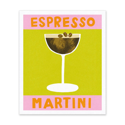 A square art print featuring a stylized espresso martini illustration. The design has a bright yellow-green center with a white-outlined martini glass filled with dark brown espresso and coffee beans, framed by pink bands at the top and bottom with the words 'ESPRESSO' and 'MARTINI' in orange.