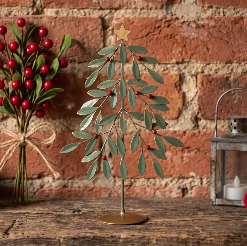 Festive Green Metal Tree with Red Berries